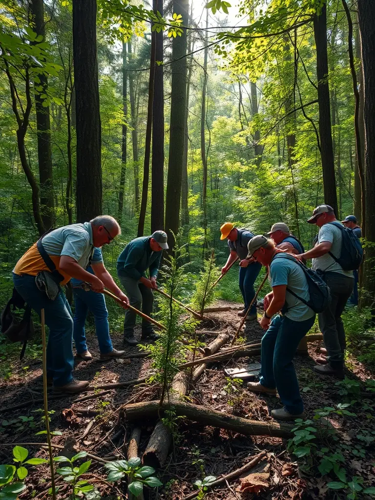 A photograph capturing ACCL members participating in a wildlife habitat restoration project in a local forest, showcasing their commitment to conservation.