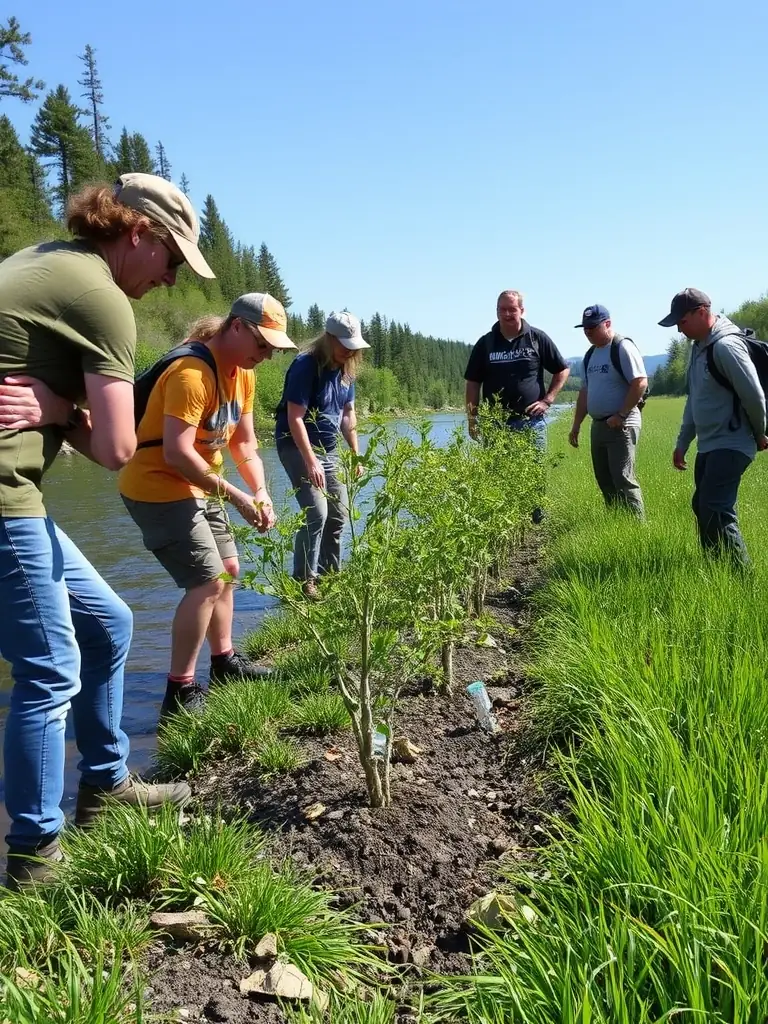 A photograph depicting ACCL members participating in a wildlife habitat restoration project, planting native trees and shrubs to improve the local ecosystem for game animals.